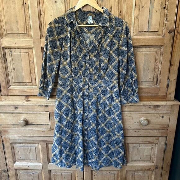 Womens Maeve 8 Button Front Shirt Dress Collared Pattern Blue Gray Yellow Anthro - Picture 1 of 11